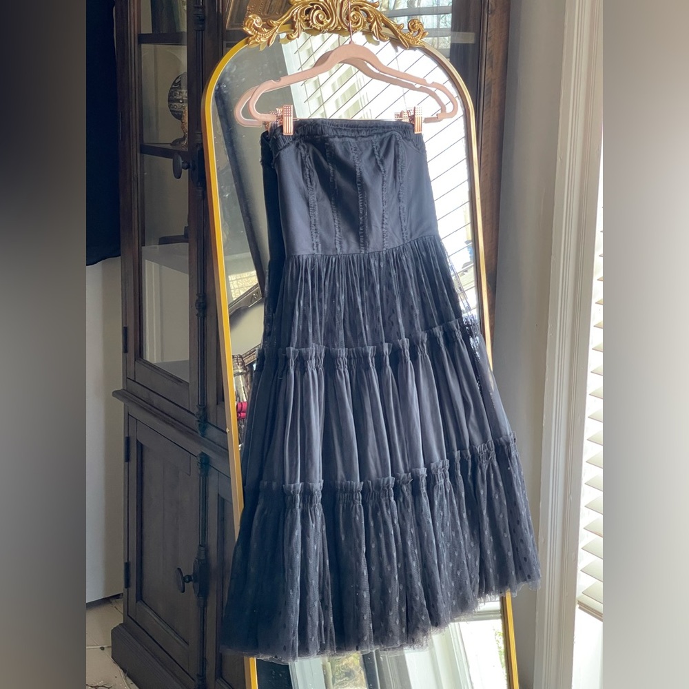 Anthropologie Moulinette SOEURS Black Swiss dot tulle corset strapless dress